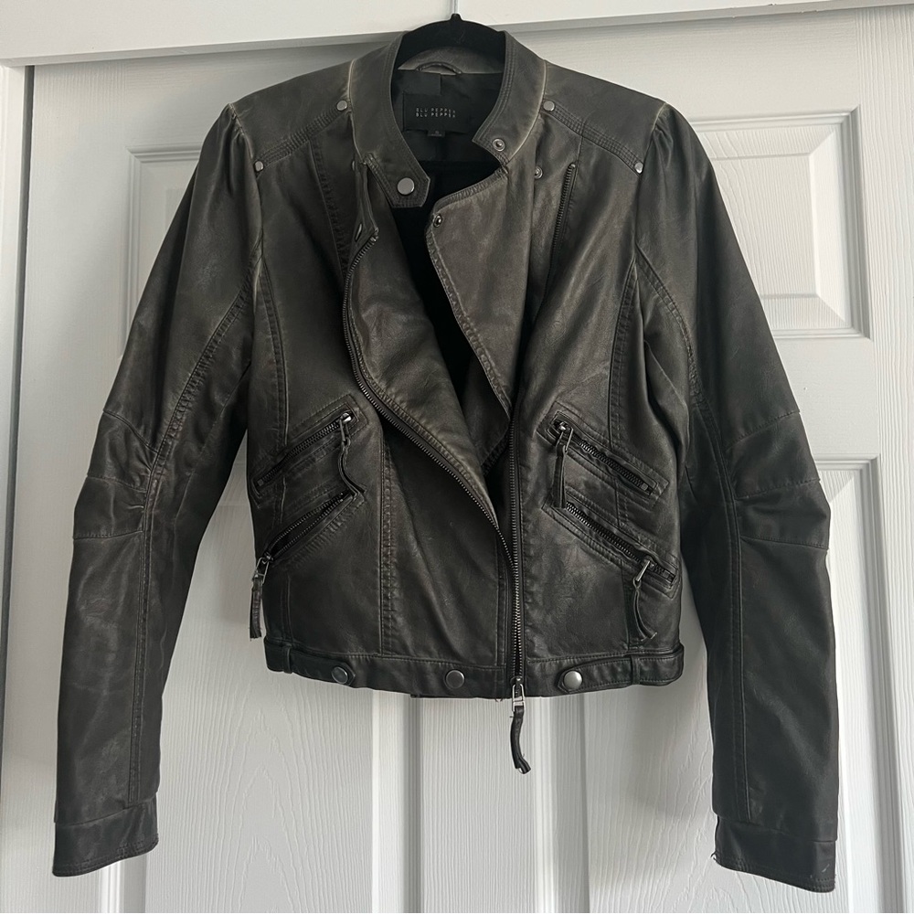 Blu Pepper | Grey Faux-Leather Moto Jacket | Size S